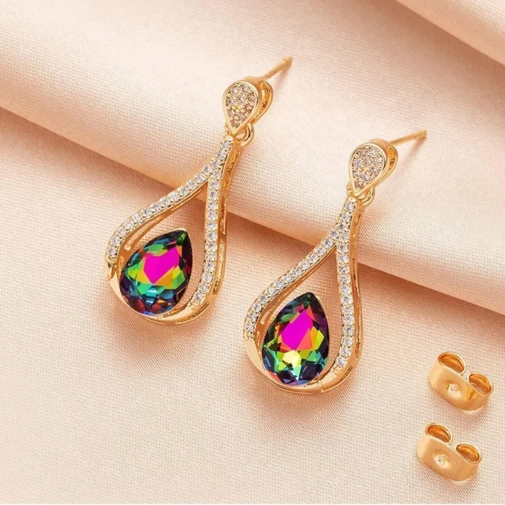 14K Yellow Gold with Vitrail Medium Austrian Crystal Halo Teardrop Post Earrings
